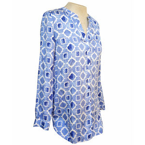 SUNG Blue White Geometric Button Down Tunic S